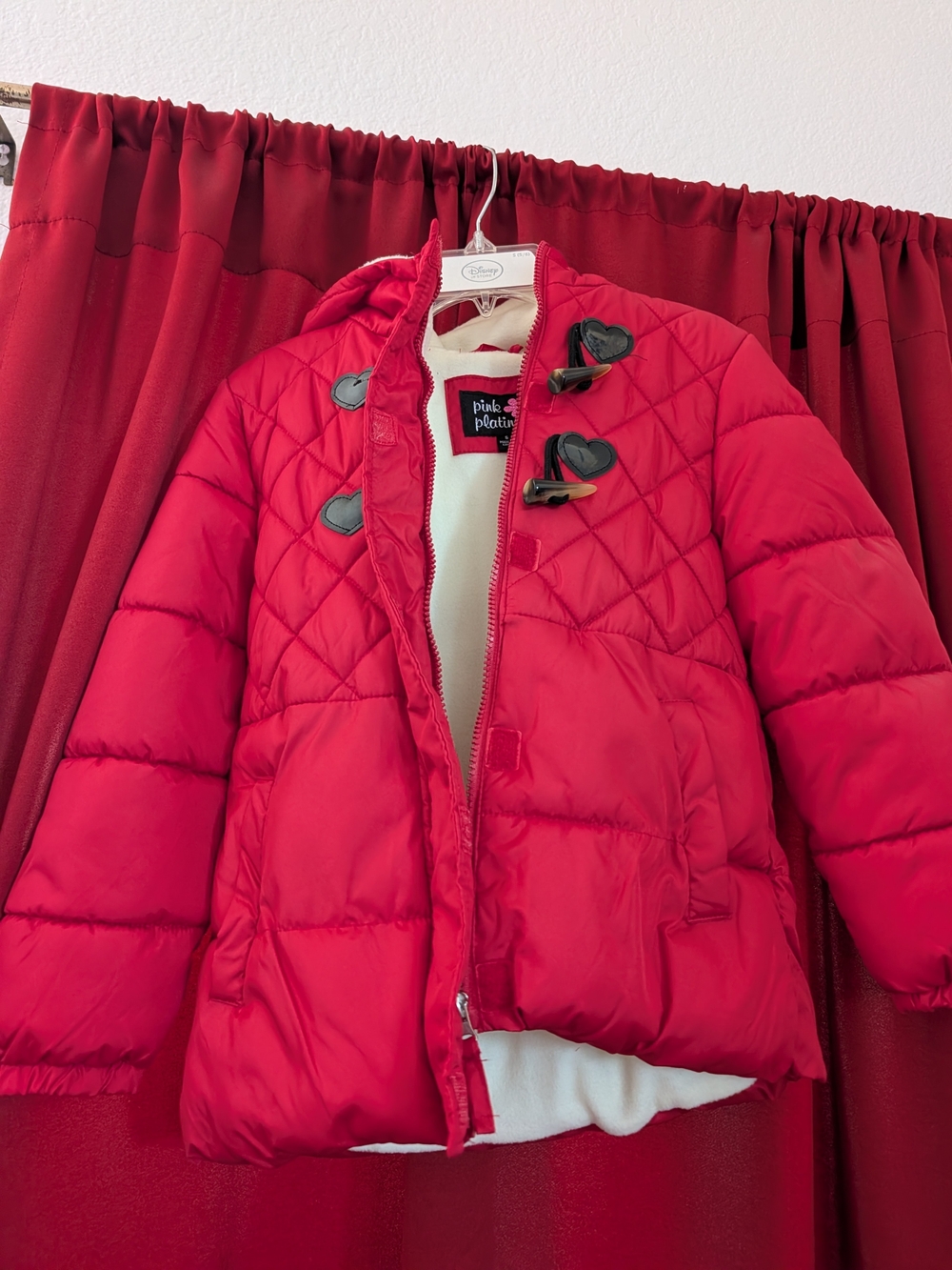 Pink Platinum Girls' Red Puffer Jacket with Toggle Accents